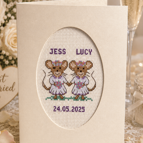 Personalised Lesbian Wedding Card, Handmade Cross Stitch, Bride & Bride Mice