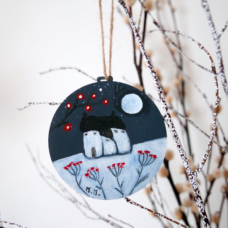 Grey Christmas Bauble, Hand-painted Hanging Decoration, Winter Countryside 