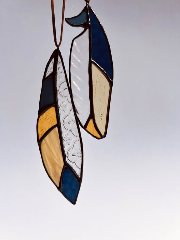 Blue and yellow stained glass feather decoration - choice of 2 sizes