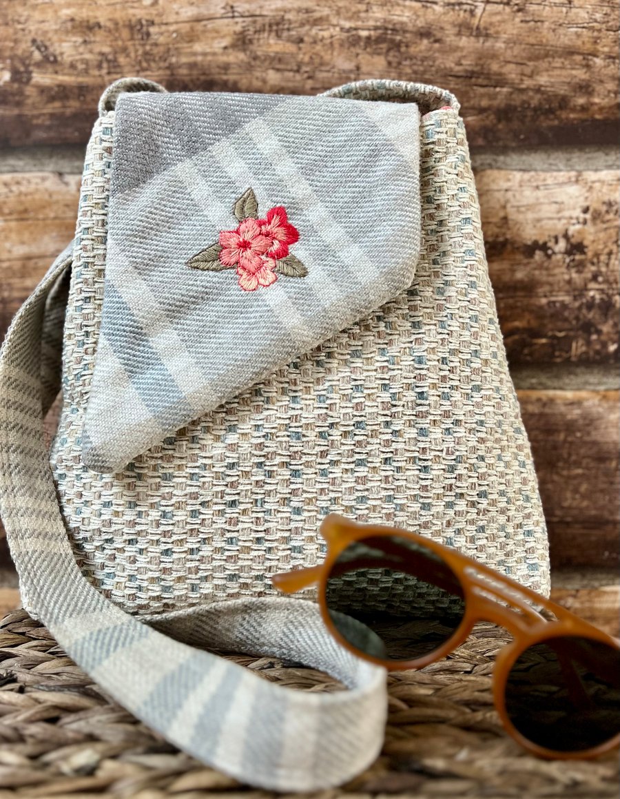 Recycled textile crossbody messenger bag with hand embroidered flowers