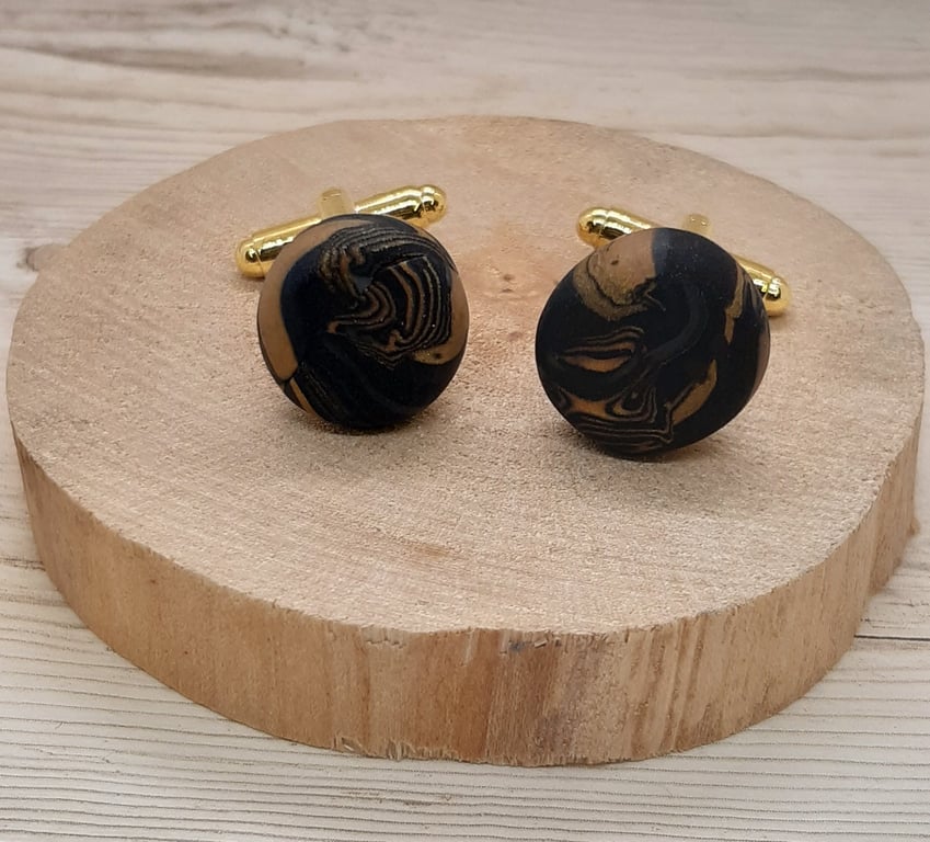 Polymer clay cufflinks in gold and black, comes with gift box