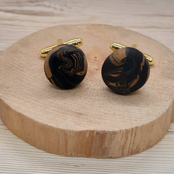 Polymer clay cufflinks in gold and black, comes with gift box