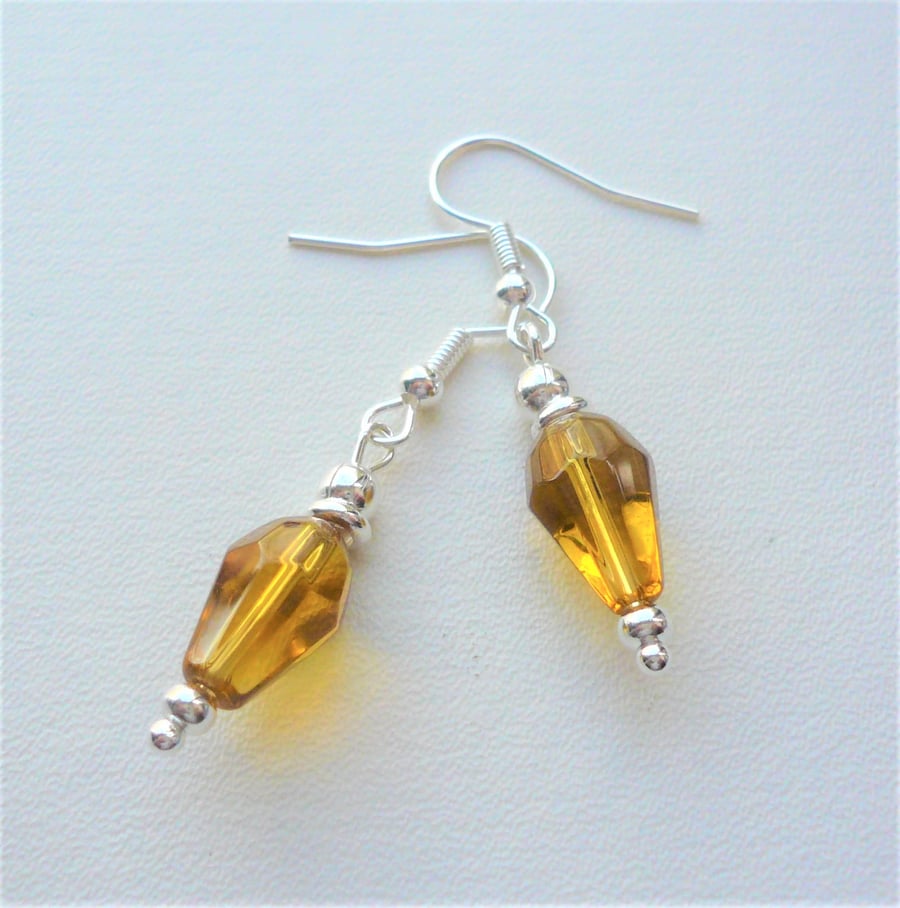 Dangle Earrings Clear Gold Faceted Glass Drop Bead Silver Plate   KCJ3675
