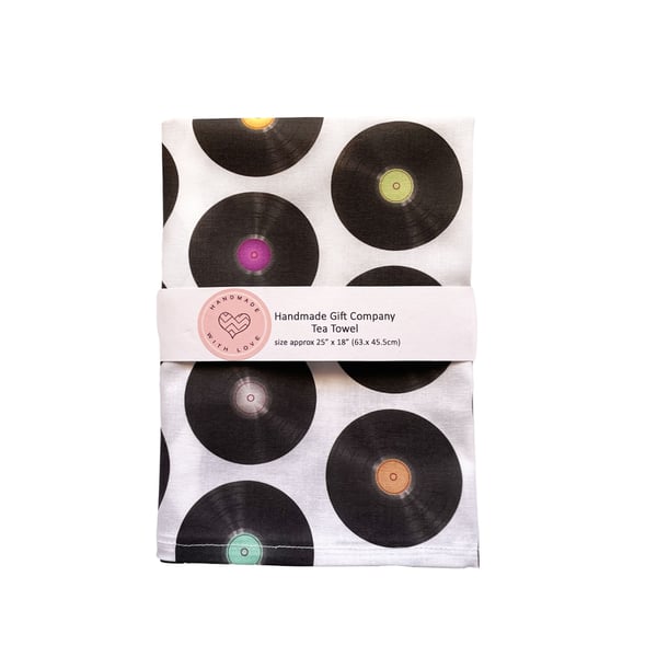 Fabric Handmade Pretty Cotton Tea Towel with a Multicoloured Record Design