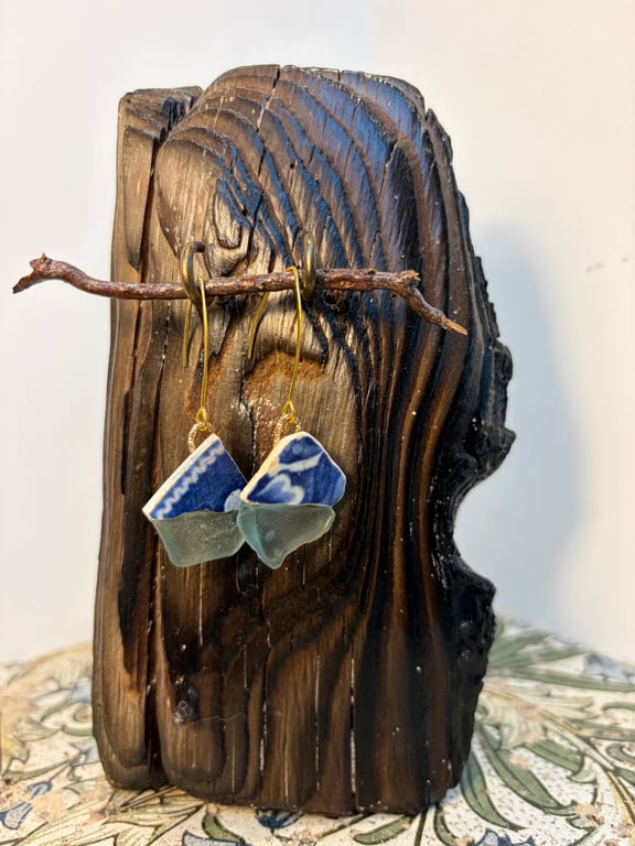 Blue sea pottery and sea glass boat earrings on gold