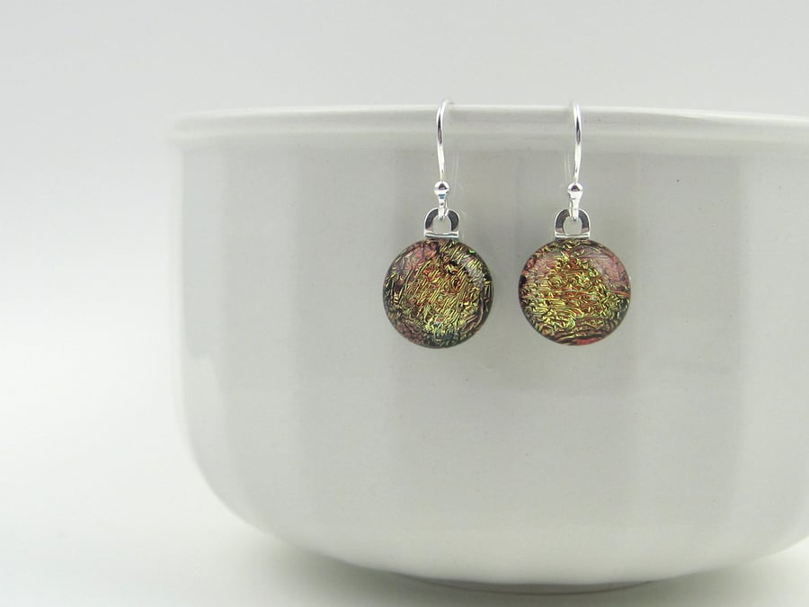 Iridescent glass drop earrings, red-gold fused glass, sterling silver earwires