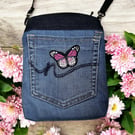 Upcycled denim bag with pink butterfly