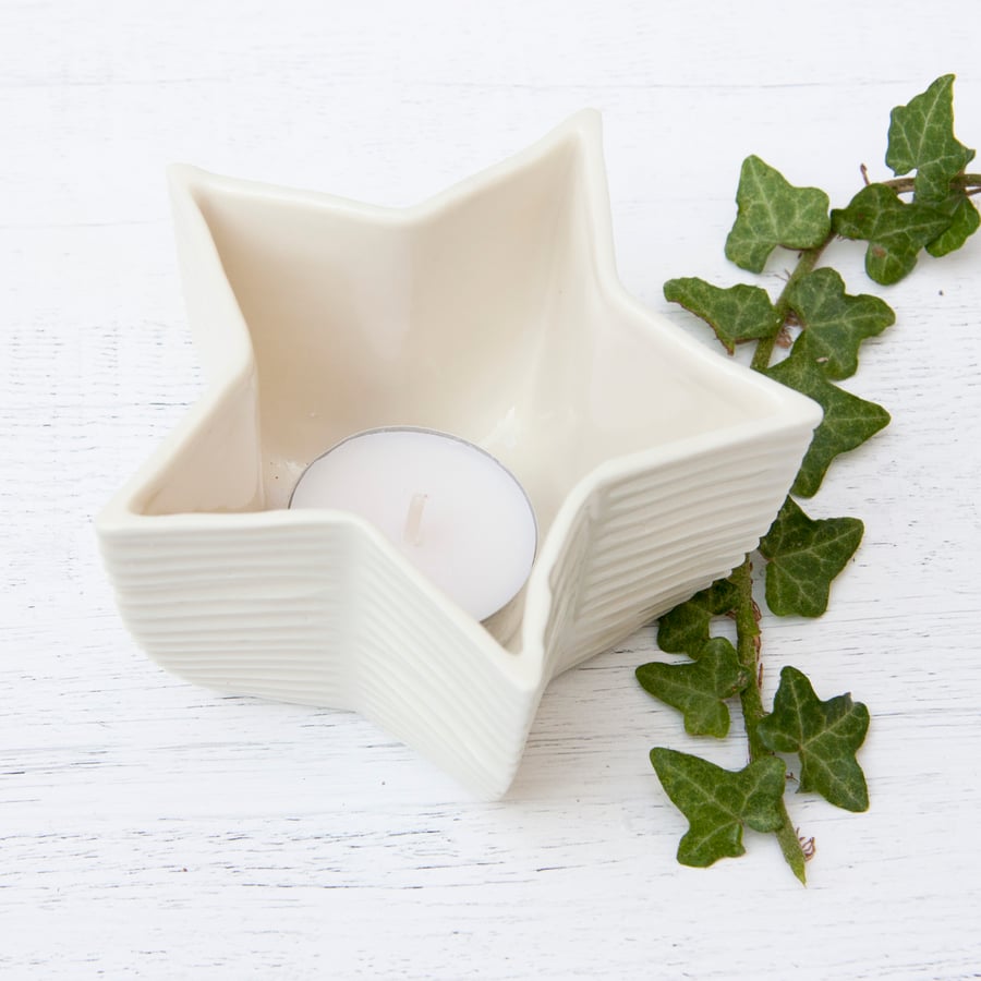 Porcelain candle holder - handmade star shaped white ceramic tealight holder