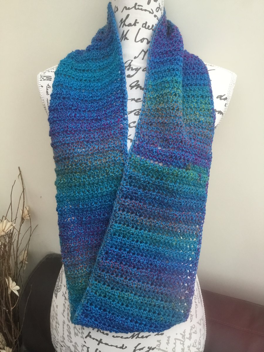 Turquoise Tones! Crocheted Infinity Scarf in Denys Brunton Designer Yarn.