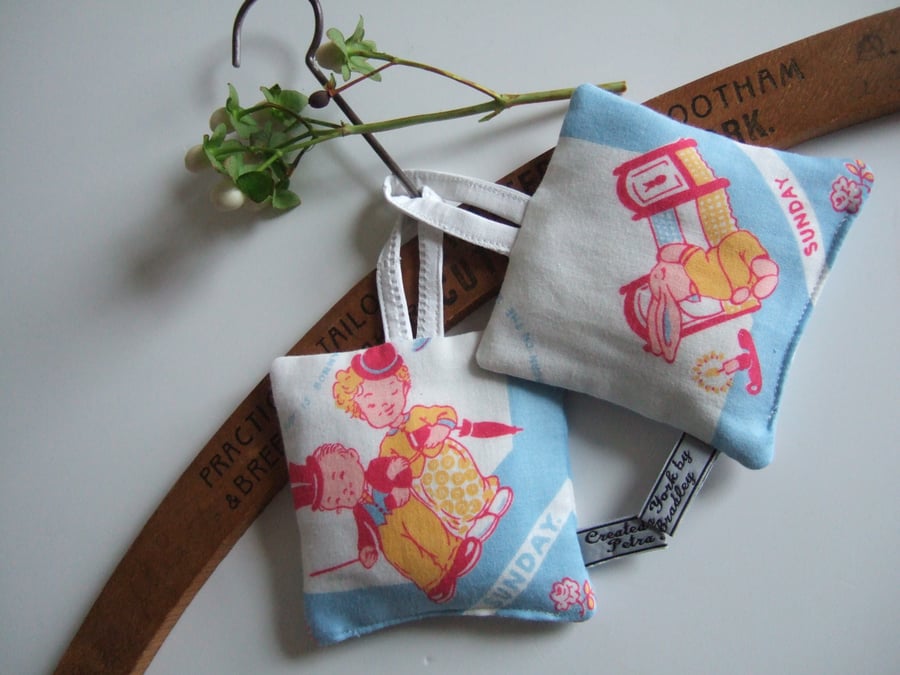 Pair of Lavender bags made from a child's vintage Sunday hanky.