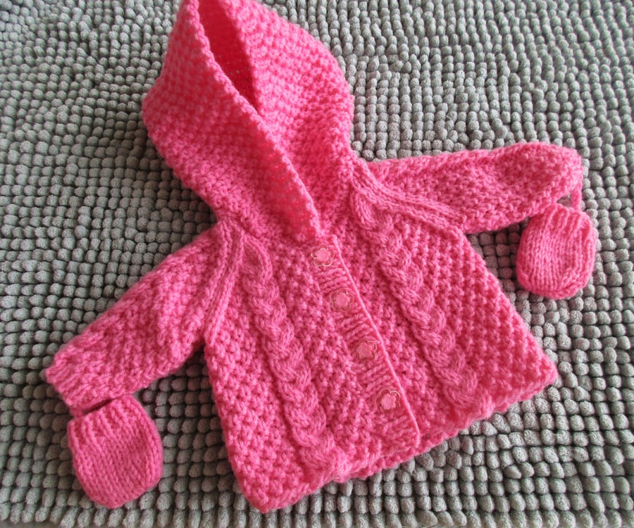Dolls Pink Aran Style Jacket with Hood & Mittens (15-18"Baby Doll)
