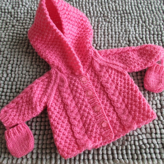 Dolls Pink Aran Style Jacket with Hood & Mittens (15-18"Baby Doll)