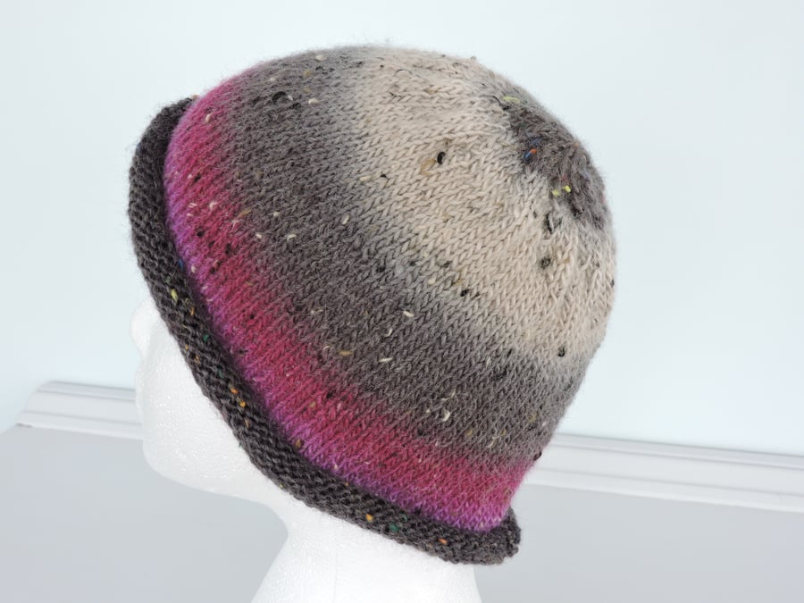 Beanie Hat Knitted in Grey Cream Charcoal and Pink