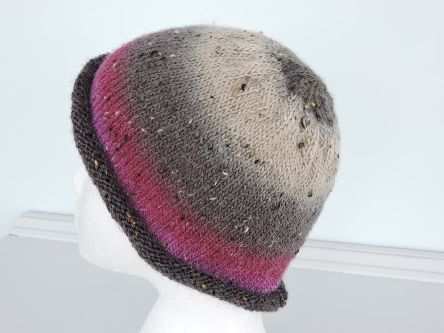 Beanie Hat Knitted in Grey Cream Charcoal and Pink