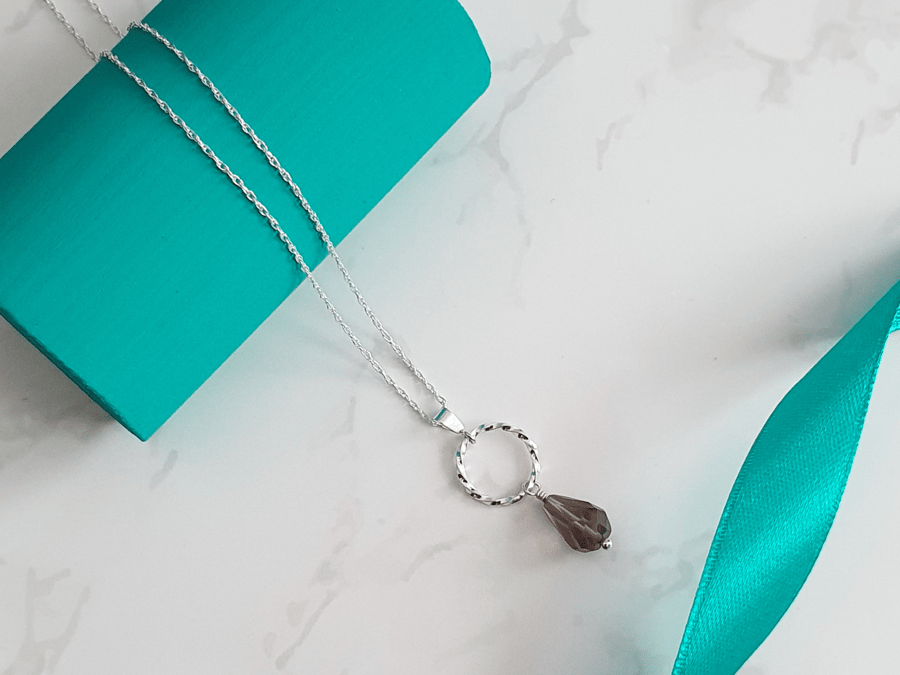 Smokey Quartz Gemstone Drop Pendant Necklace With Handmade Silver Twisty Circle