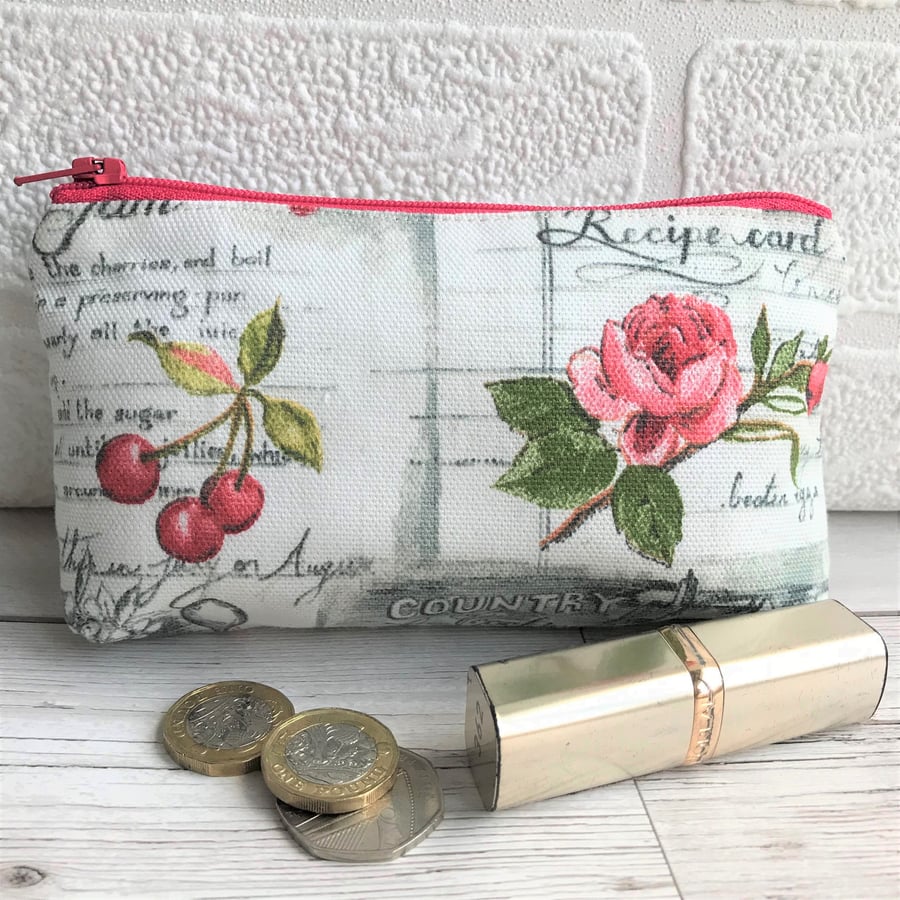 Large purse, coin purse with cherries, pink rose and grey recipe script