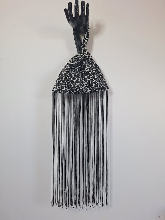 Snow leopard print faux fur fabric Japanese Knot bag with 48cm black tassel trim