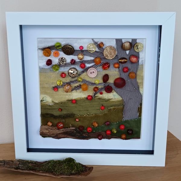 Autumn Colours Tree with Falling Leaves 8" 3D framed art made with spare buttons