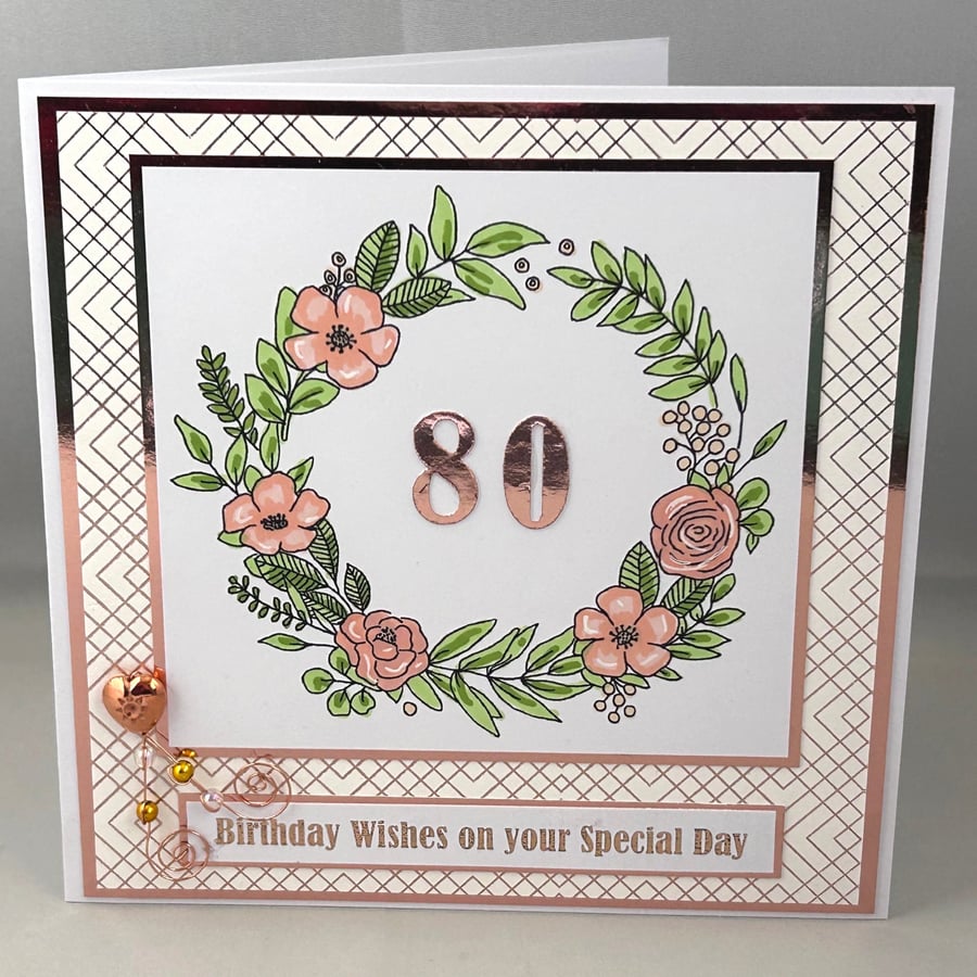 Rose gold flower wreath 80th Birthday card