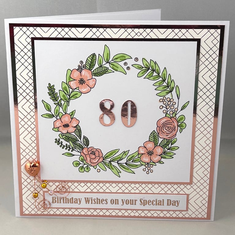 Rose gold flower wreath 80th Birthday card