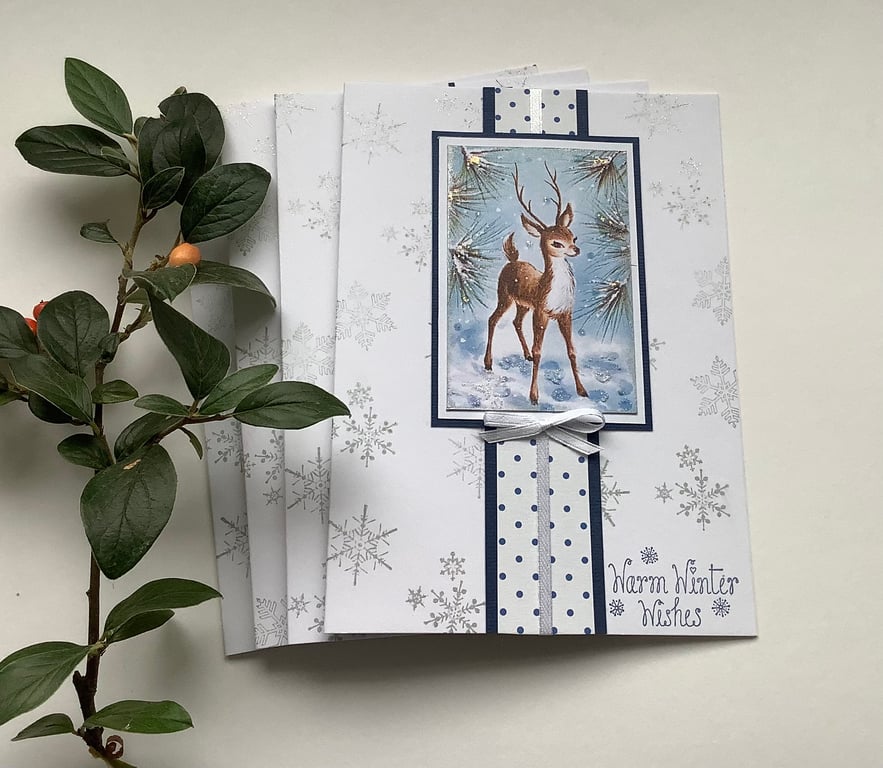  CHRISTMAS CARDS,( pack of 4, large ) Deer . Nature . Traditional. Red, gold.