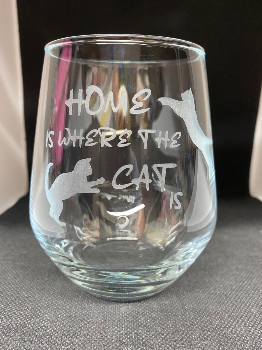 Hand Etched Glass, Home is where the cat is