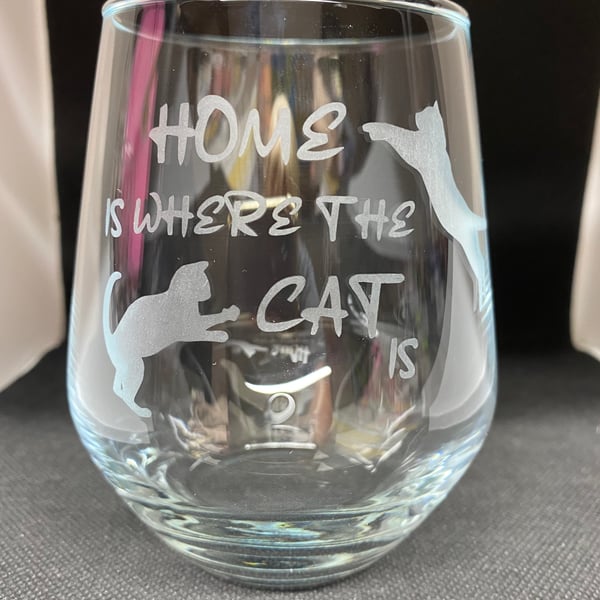 Hand Etched Glass, Home is where the cat is