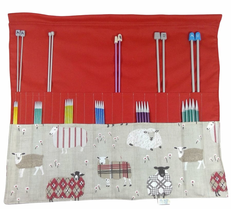 Straight and double pointed knitting needle case with red sheep, knitting needle