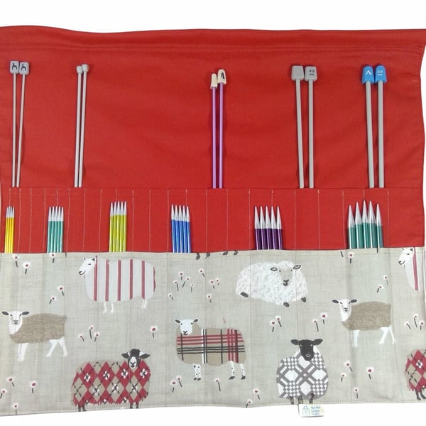 Straight and double pointed knitting needle case with red sheep, knitting needle