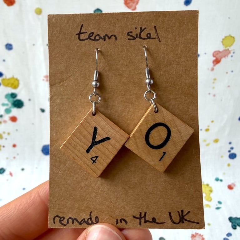 Scrabble 'YO' Earrings with Surgical Steel Hooks - Old Stock - Super Seconds