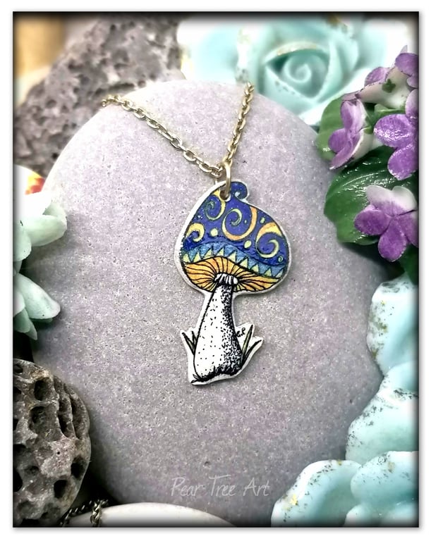 Handmade Toadstool pendant on a silver plated chain, multicoloured - Blue