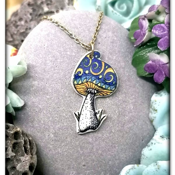 Handmade Toadstool pendant on a silver plated chain, multicoloured - Blue