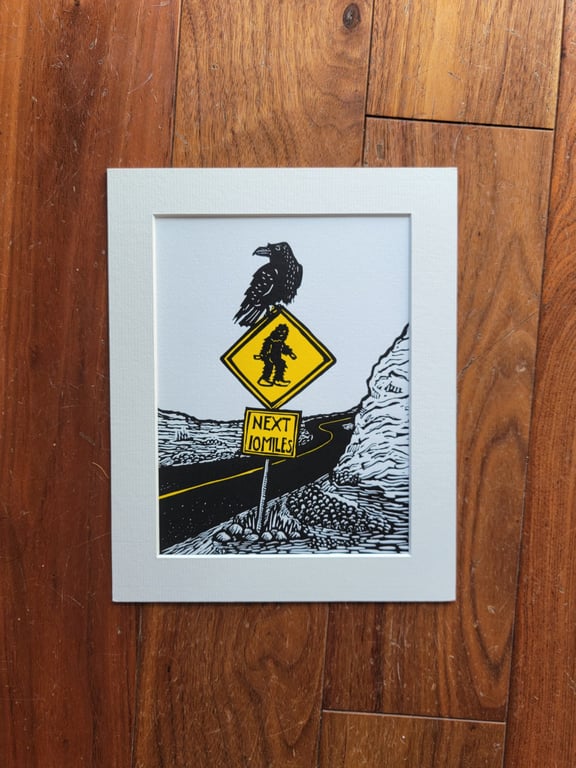 The Crow Road - original handmade linocut bird art print