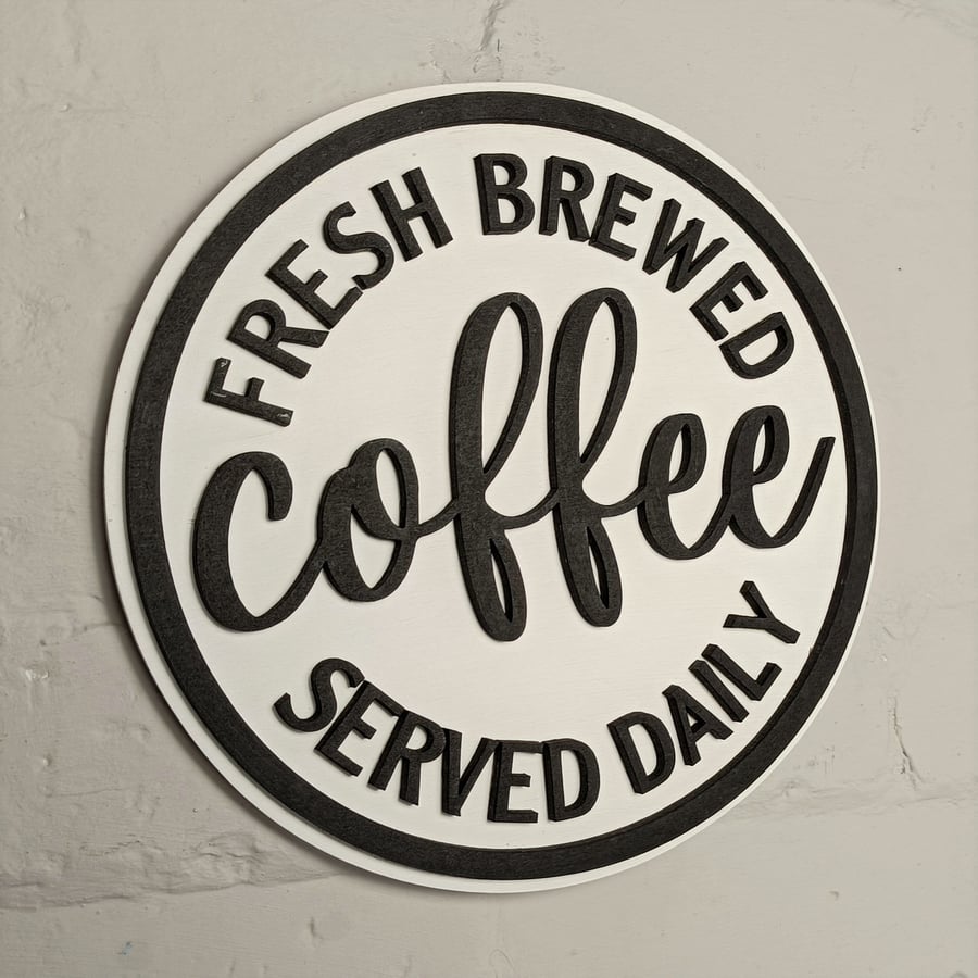 Black and white Fresh Brewed wooden Coffee sign 