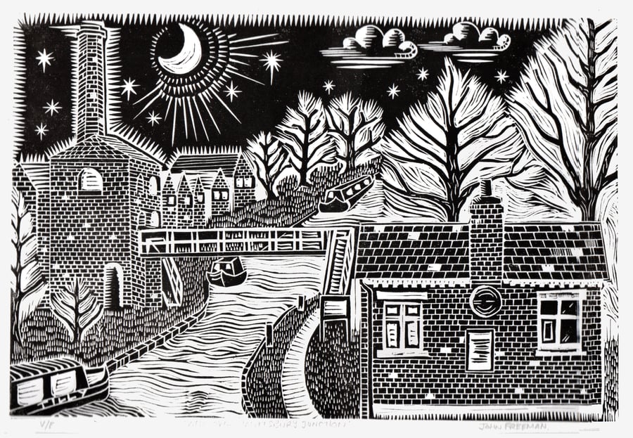 Linocut print, View Over Hawkesbury Junction by John Freeman 