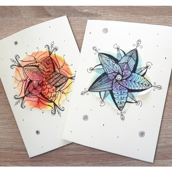 Flower notecards, set of 2, doodle art, hand drawn