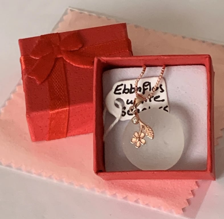 Stunning White Seaglass on 925 Rose Gold Box Chain and Pinch Bail - Eco friendly