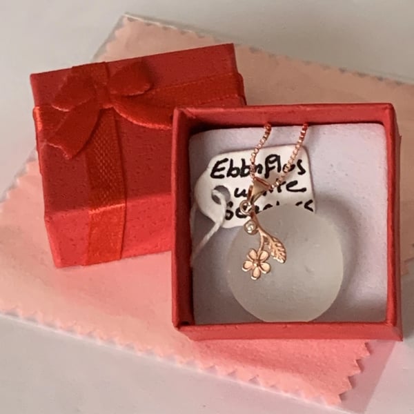 Stunning White Seaglass on 925 Rose Gold Box Chain and Pinch Bail - Eco friendly