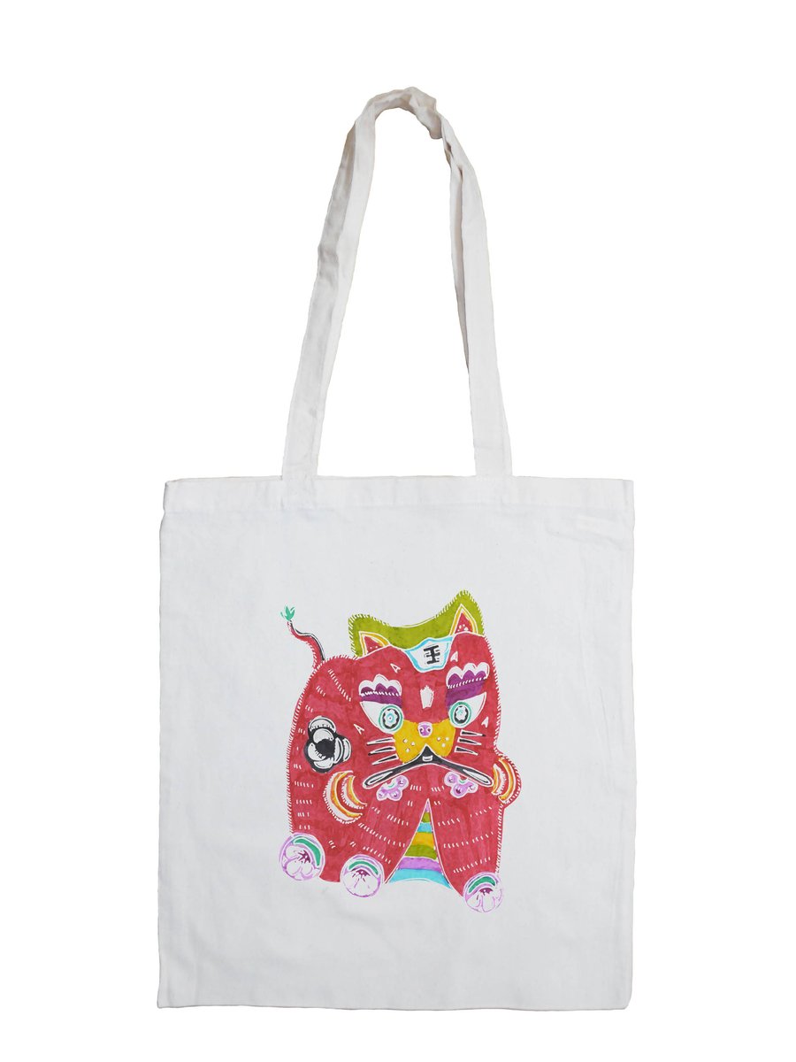 Red Tiger King Cotton Tote Bag featuring a Lucky Red Chinese Tiger