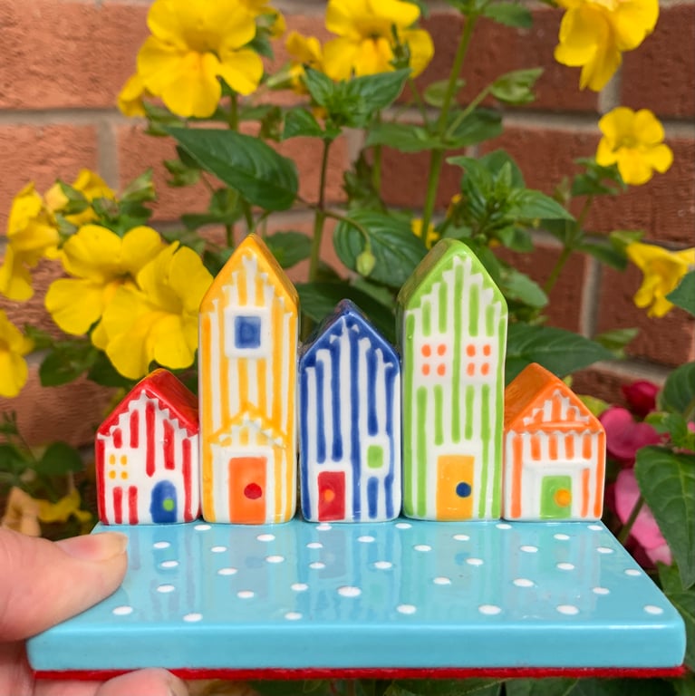 Hand Painted Ceramic Summer Beach Huts, Pottery Ornament