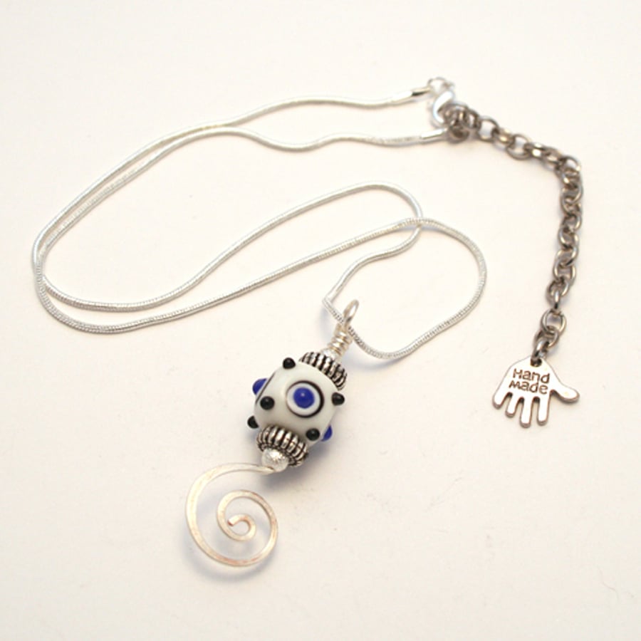 White and Blue Lampwork Glass Necklace - Spotty Bead Wire Spiral Pendant