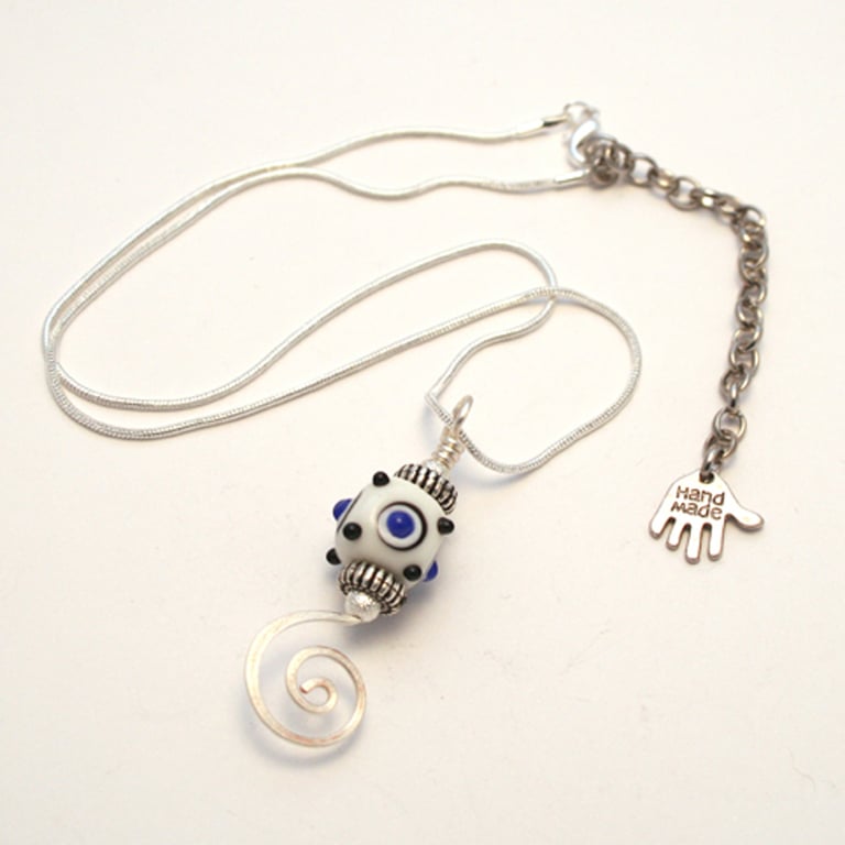 White and Blue Lampwork Glass Necklace - Spotty Bead Wire Spiral Pendant