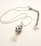 White and Blue Lampwork Glass Necklace - Spotty Bead Wire Spiral Pendant