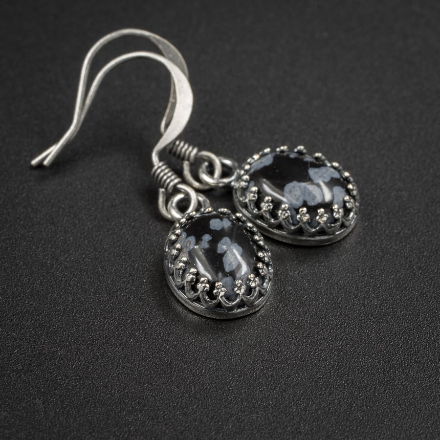 Snowflake obsidian gemstone earrings, Capricorn gift. 