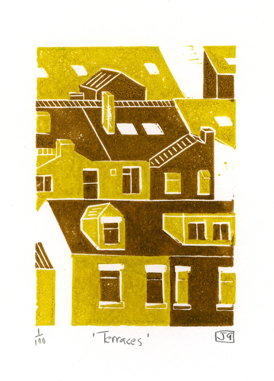 Terraces 2-colour linocut print