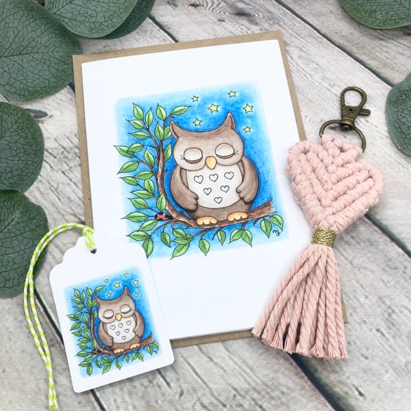 Macrame Heart Keyring & Card Gift Set - Sleepy Owl