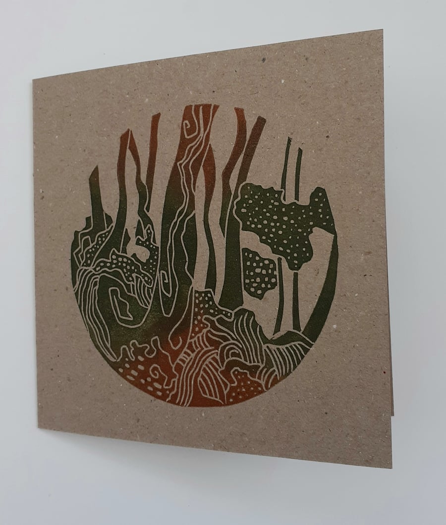Hand printed blank card, woodland scene.