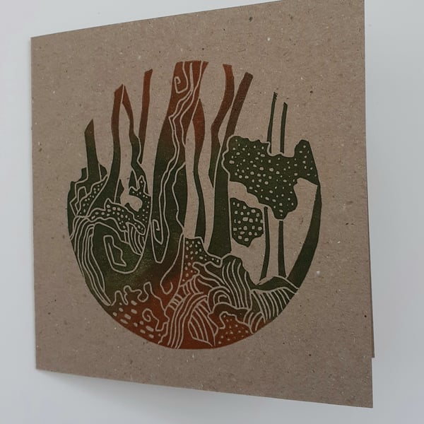 Hand printed blank card, woodland scene.