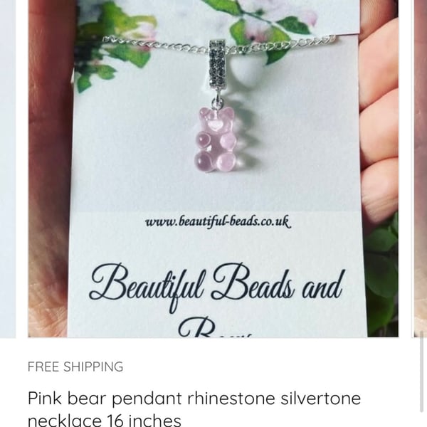 Pink bear rhinestone silvertone necklace curb chain gift ladies 