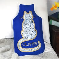 Liberty Cat Personalised Hot Water Bottle Cover - blue